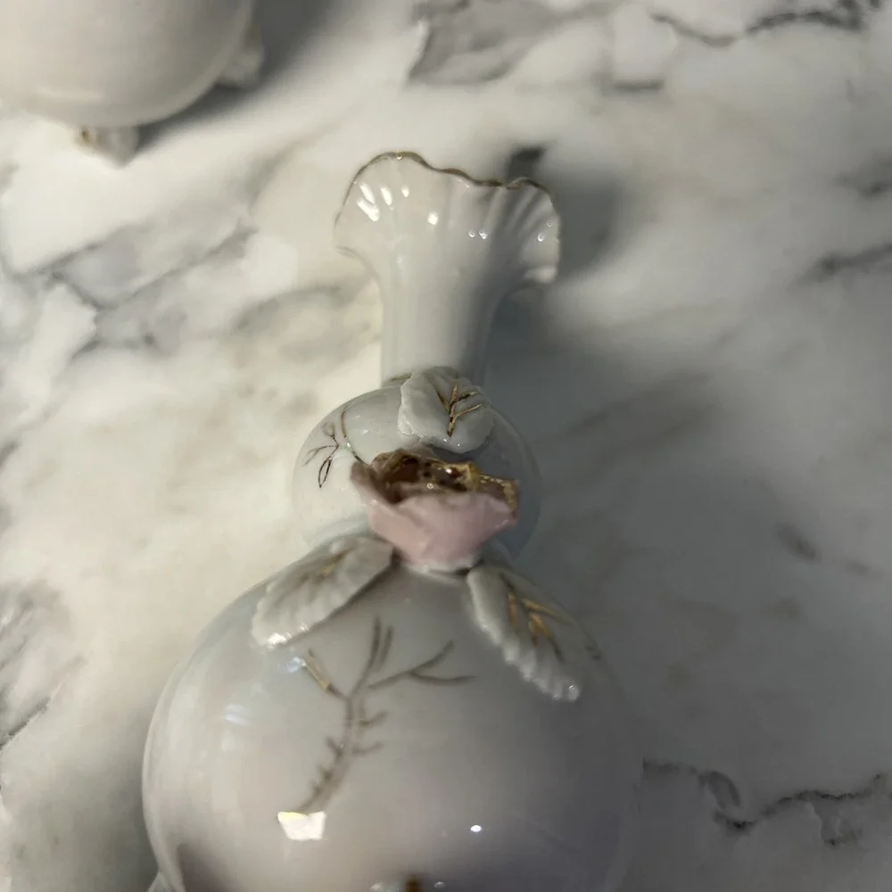 Floral Rose Victorian Bud Vase Old World Footed set of 2 Vintage Shabby Chic